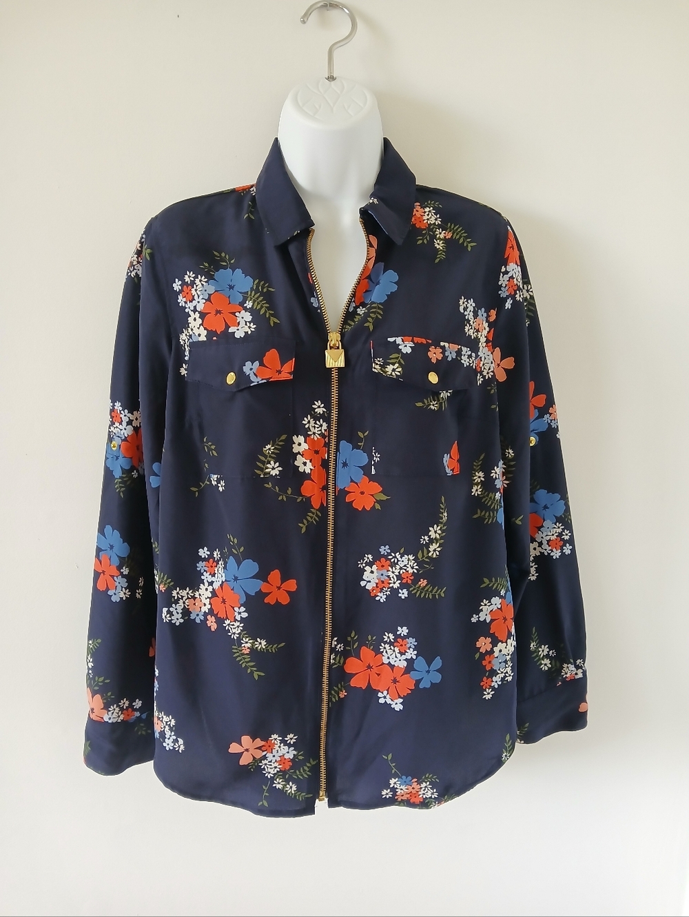 Michael Kors Navy Floral Zip-Front Blouse Medium
